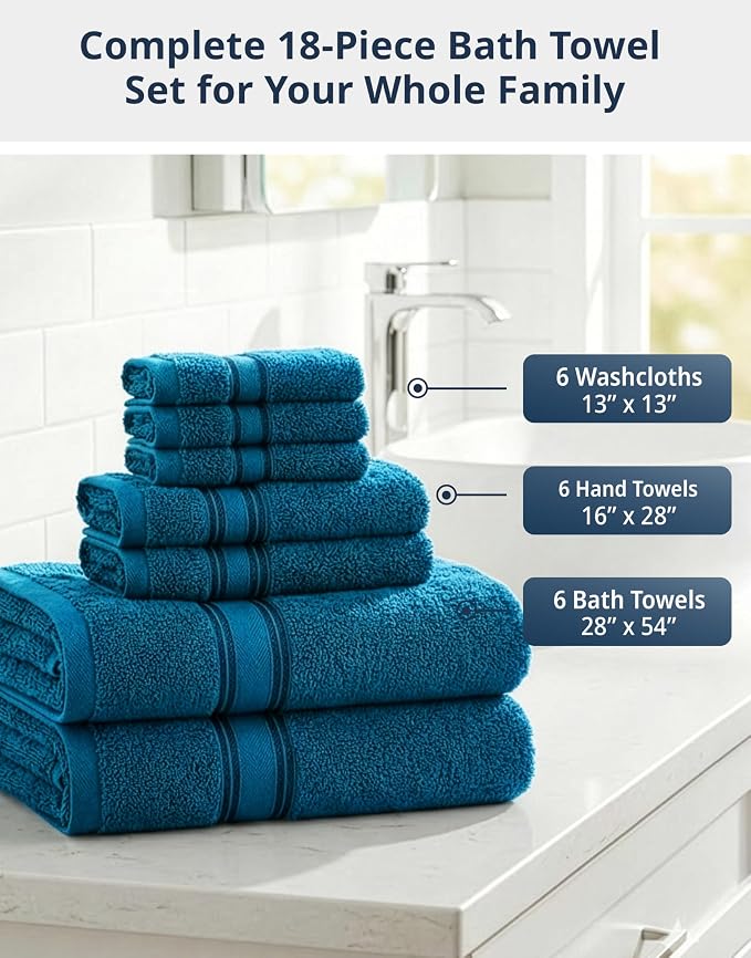 LANE LINEN 18Pc 100% Cotton Bath Towels – 6 Bath, 6 Hand Towel & 6 Washcloths - Image 2