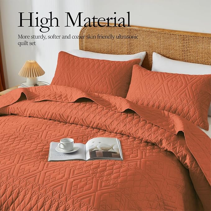 akkialla Full/Queen Size Quilt Bedding Set, Burnt Orange Lightweight Microfiber - Image 3