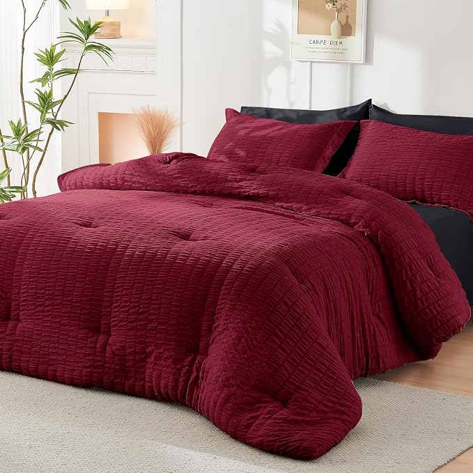 HYMOKEGE Red & Black King Size Comforter Set Seersucker 7 Pieces, All Season - Image 7