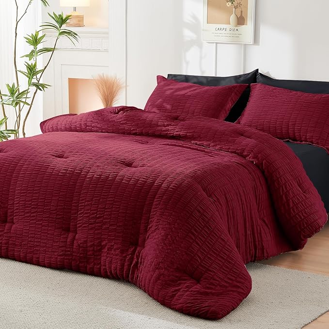 HYMOKEGE Red & Black California King Comforter Set Seersucker 7 Pieces - Image 7