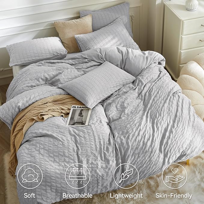 JELLYMONI Light Grey Duvet Cover King Size, Soft Breathable Seersucker Duvet - Image 2