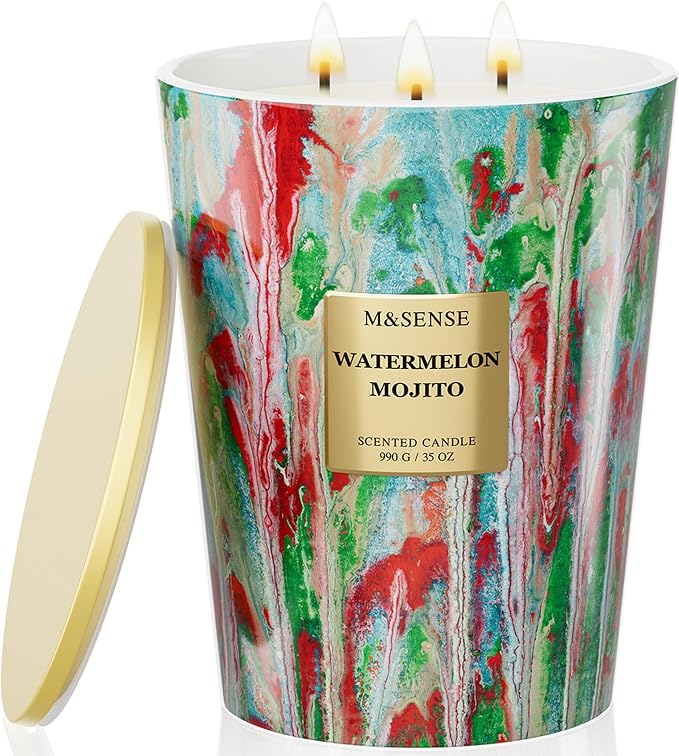 M&SENSE Large Watermelon Scented Soy Candle, 35oz 150 Hours 3-Wick Clean Burning by MSENSE
