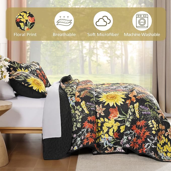 Yiran California King Quilt Set Black, Sunflower Floral Colorful Bedspreads - Image 6