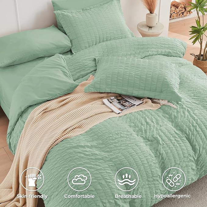 HYMOKEGE Sage Green Duvet Cover Full Size, Ultra Soft 3-Piece Seersucker Duvet - Image 2