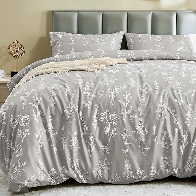 MUXHOMO Duvet Cover King Size, Reversible Floral Silver Gray Duvet Cover Set by MUXHOMO