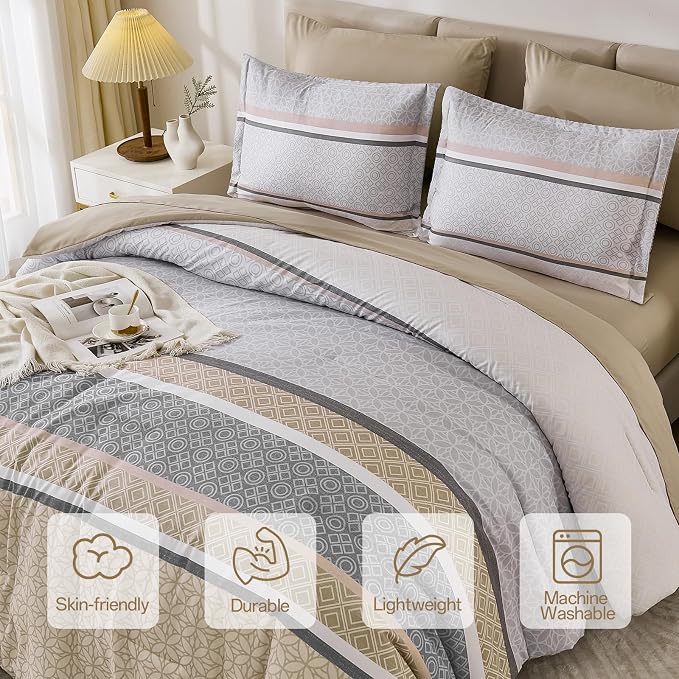 WONGS BEDDING Beige Comforter Set Queen Size, 7 Pieces Striped Bed in a Bag - Image 5