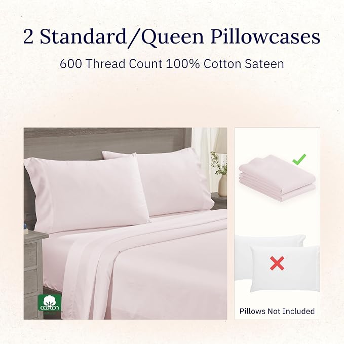 Luxuriously Soft Premium 600 Thread Count, 100% Cotton Set of 2 Cases, Crisp - Image 4