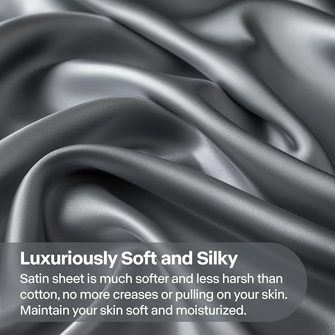 BEDELITE Satin Sheets Queen Size Bed Set, Luxury Soft Dark Grey Silky Sheets - Image 3