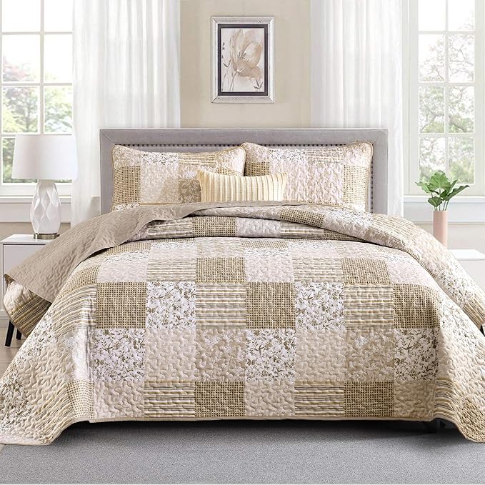 Mybedsoul Beige Boho Quilt Set Queen Size, 3 Pieces Plaid Floral Bedspread Set by Mybedsoul