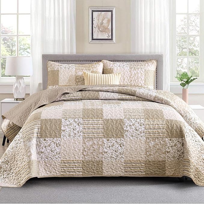 Mybedsoul Beige Boho Quilt Set King Size, 3 Pieces Plaid Floral Bedspread Set by Mybedsoul