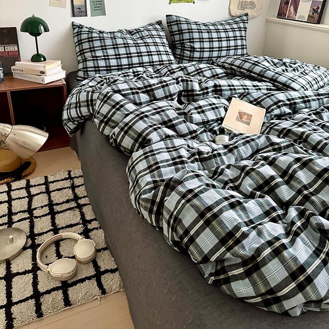 mixinni Vintage Grey & Pale Blue Buffalo Plaid Duvet Cover Set Full Size - Image 9