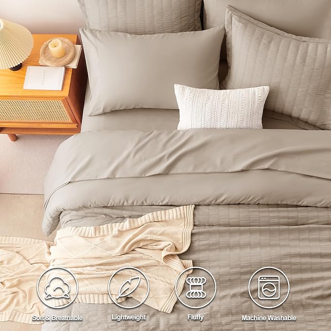 CozyLux Queen Comforter Set Khaki Seersucker 7 Pieces Bed in a Bag Queen - Image 2