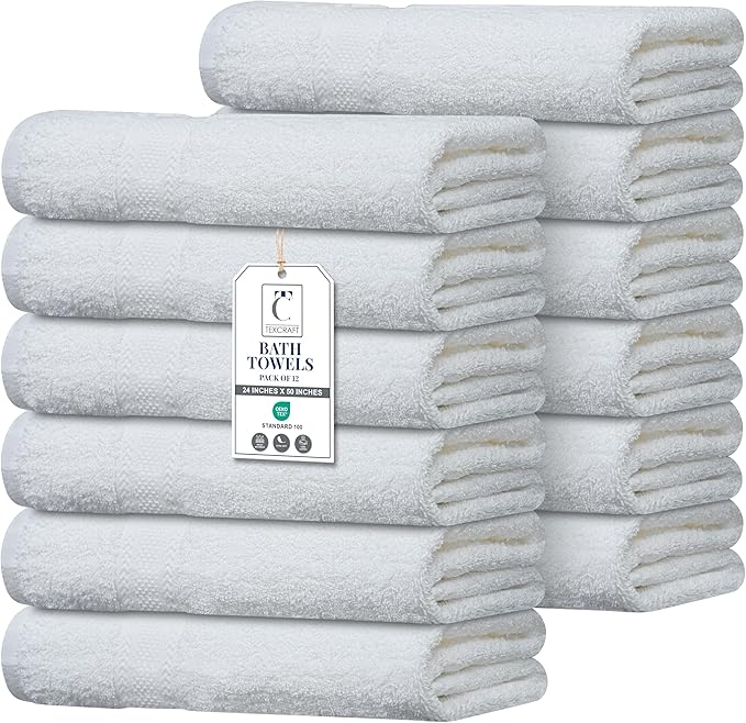 Commercial Bulk Pack of 12 Large Bath Towels – 100% Cotton Terry 24" x 50" – by TEXCRAFT