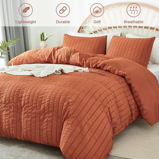 AveLom Terracotta Seersucker Duvet Cover Set King Size, 3 Pieces, Ultra Soft - Image 2