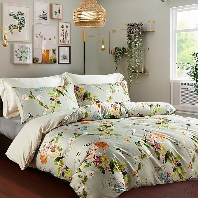 mixinni Duvet Cover Queen Size Set Floral Leaves Pattern Cotton Bird Printed - Image 2