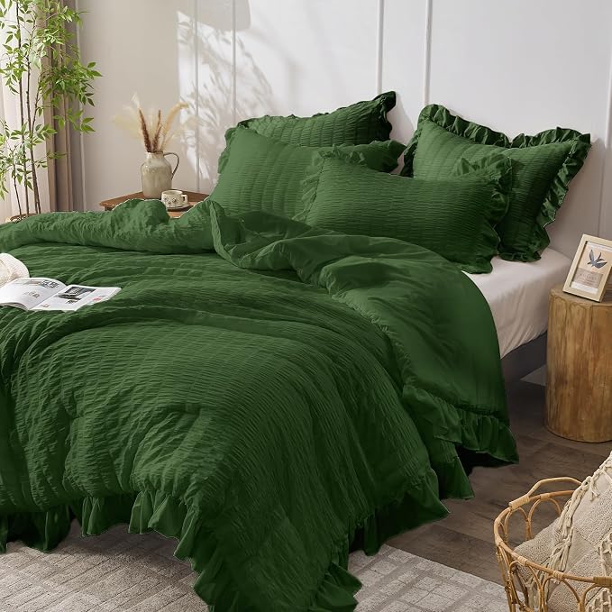 JOLLYVOGUE Dark Green Comforter Full Size, 3 Pieces Seersucker Lightweight Full - Image 2