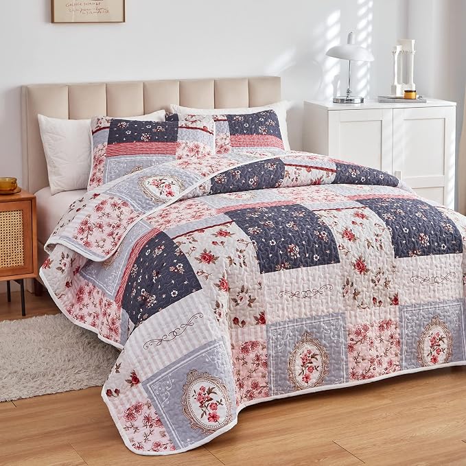 Patchwork Quilt Set King Size, 3 Pieces Pink Purple Floral Plaid Summer - Image 2