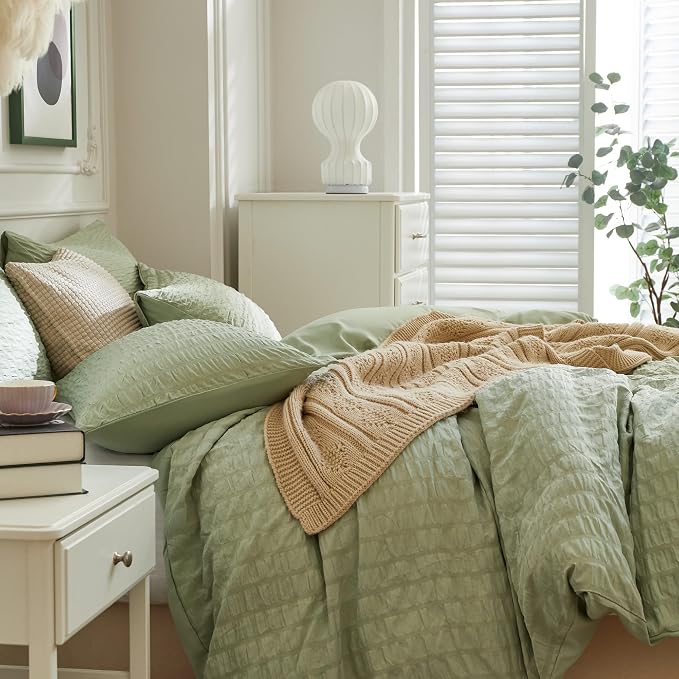 JELLYMONI Light Green Duvet Cover King Size, Soft Breathable Seersucker Duvet - Image 7
