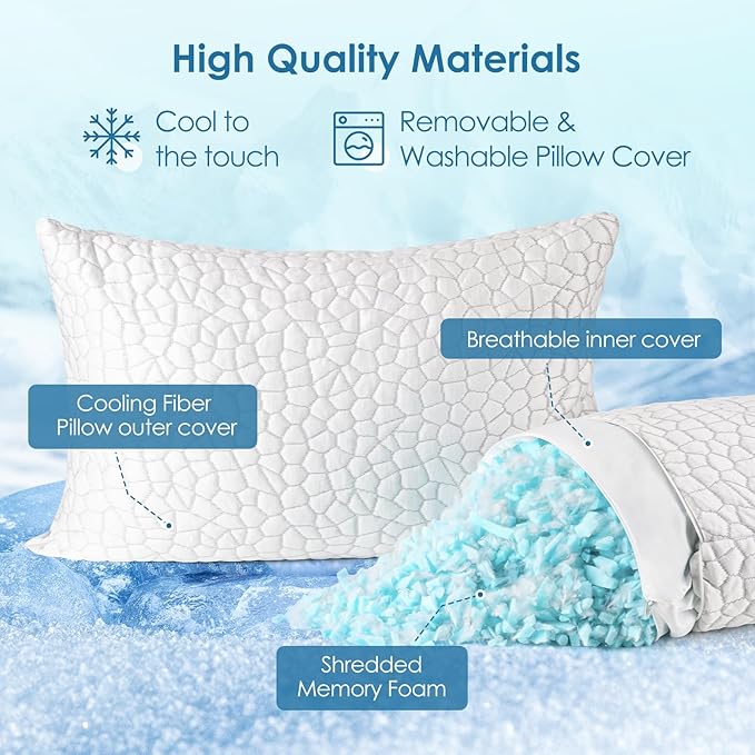 Cooling Pillows King Size Set of 2, Firm Shredded Memory Foam Pillows - Image 3