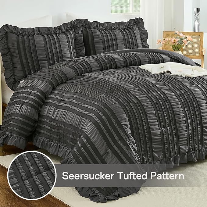 WONGS BEDDING Queen Comforter Set, Dark Grey Boho Comforter Set Queen, Shabby - Image 2