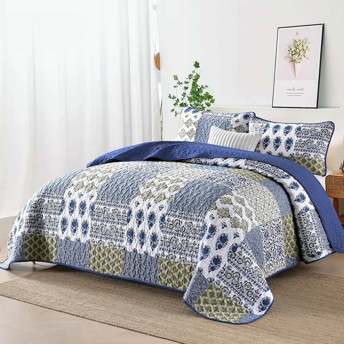 Mybedsoul Blue Quilt Set King Size 3 Pieces Boho Plaid Aqua Blue Floral - Image 2