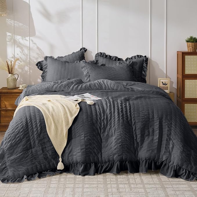 JOLLYVOGUE Dark Gray Queen Comforter Set, 3 Pieces Seersucker Bedding Comforter by JOLLYVOGUE
