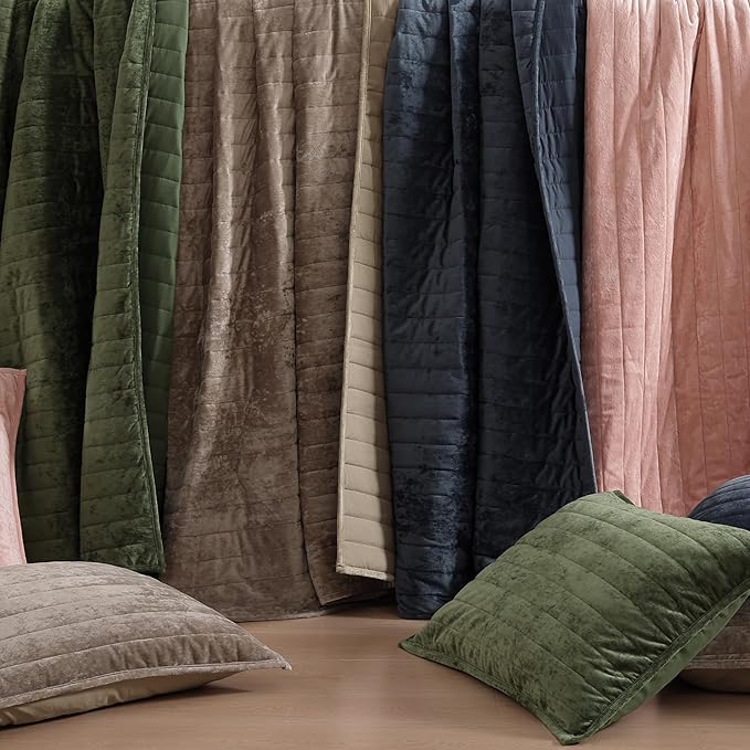 WRENSONGE Velvet Queen Quilt Set-3 Pieces Blue Grey Luxurious Velvet Striped - Image 5