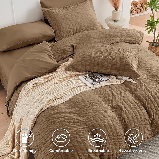HYMOKEGE Brown Twin Comforter Set Seersucker 5 Pieces, All Season Luxury Bed in - Image 3