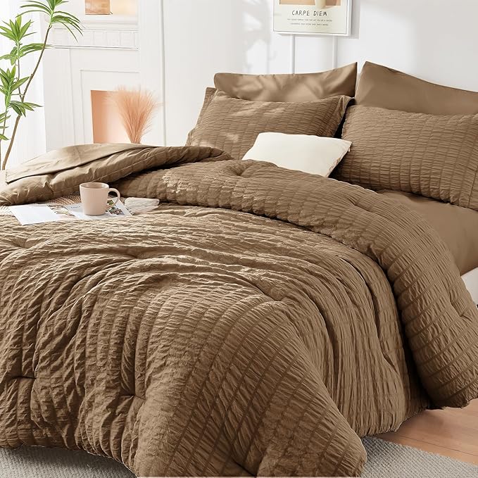HYMOKEGE Brown Queen Comforter Set Seersucker 7 Pieces, All Season Luxury Bed by HYMOKEGE