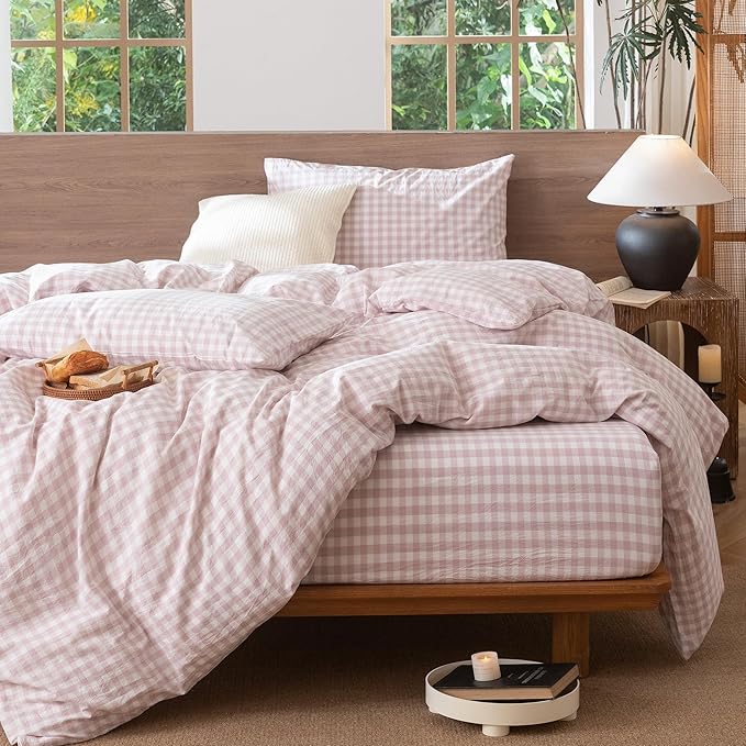 MooMee Gingham Duvet Cover Set 100% Washed Cotton Linen Like Textured - Image 6