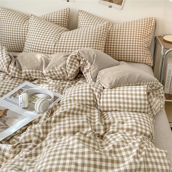 Nayoroom Gingham Duvet Cover Full Size Brown Tan Plaid Checkered Comforter - Image 4