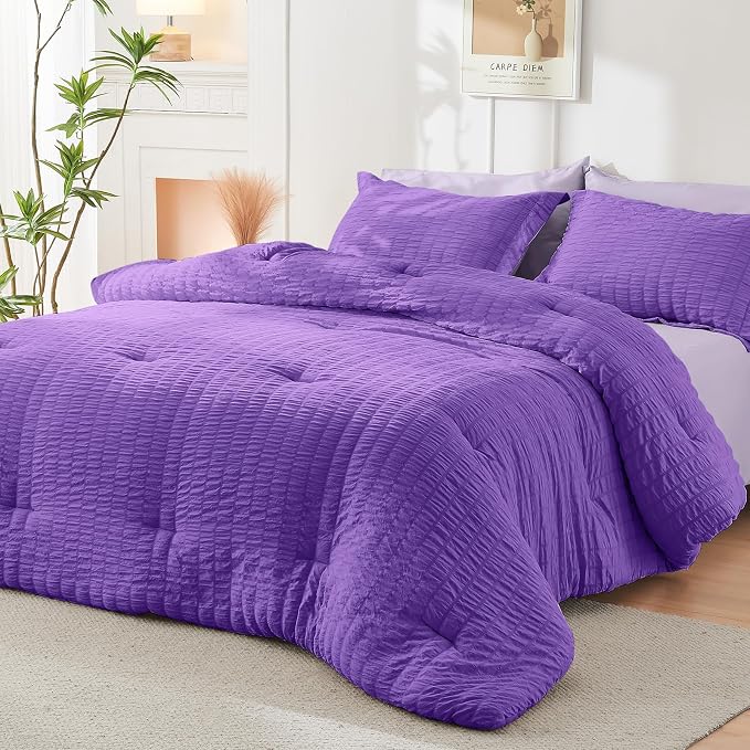 HYMOKEGE Dark Purple/Lavender Queen Comforter Set Seersucker 7 Pieces, All - Image 8