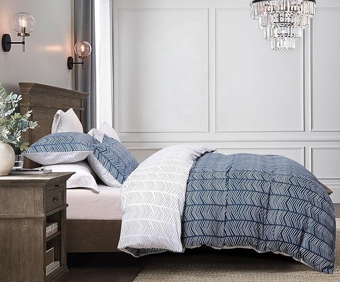 SLEEPBELLA Navy and White Duvet Cover Set, 100% Cotton Bedding, Chevron - Image 2