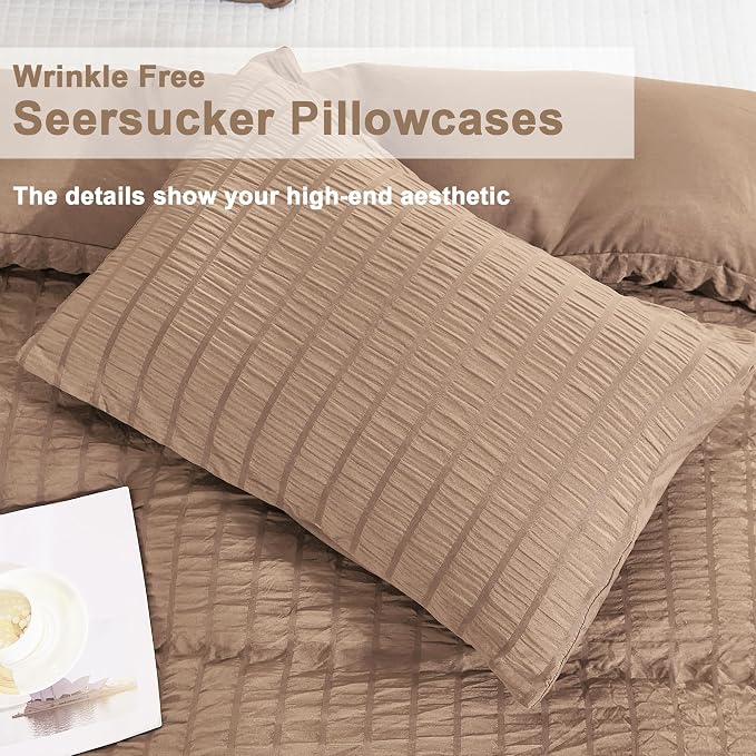 AveLom Seersucker Duvet Cover Set Queen Size, 3 Pieces, Taupe Ultra Soft Washed - Image 6
