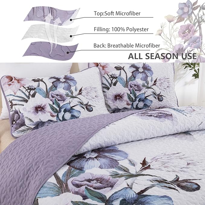 3 Pieces Floral Quilt Set Full Purple Flower Pattern Quilt Coverlet Set Soft - Image 4