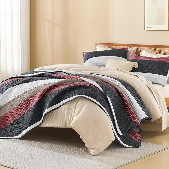 Litanika Quilt Queen Size Black and Red, Stripe Patchwork Summer Bedspread - Image 4