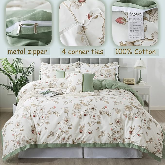 FADFAY Floral Bedding Set Full 100% Cotton Shabby and Chic Beige Green - Image 3