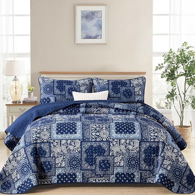 Cottolester Blue Patchwork Quilt Set King Size, Boho Navy Blue Quilt Set by Cottolester