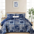 Cottolester Blue Patchwork Quilt Set Queen Size, Boho Navy Blue Quilt Set by Cottolester