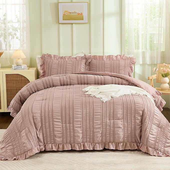 WONGS BEDDING Pink Comforter Set Queen, 3 Pieces Ruffle Farmhouse Shabby Chic - Image 4