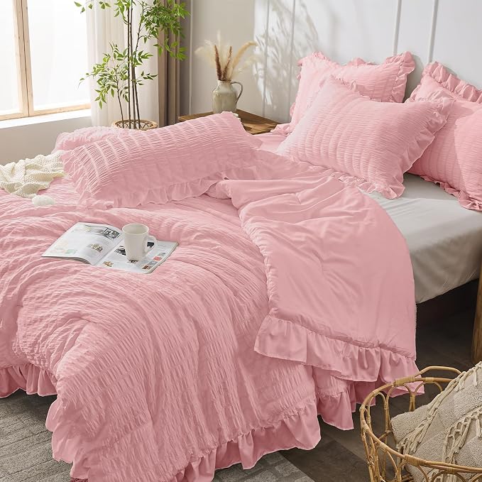 JOLLYVOGUE Pink Comforter Full Size, 3 Pieces Seersucker Lightweight Full Size - Image 7