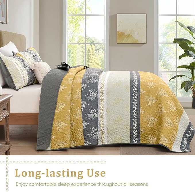 DJY Yellow Boho Quilt Set Queen Size, Striped Floral Yellow and Grey Bedspread - Image 4