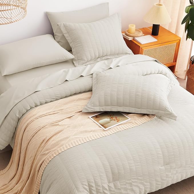 CozyLux King Size Comforter Set Oatmeal Seersucker 7 Pieces Bed in a Bag King - Image 6