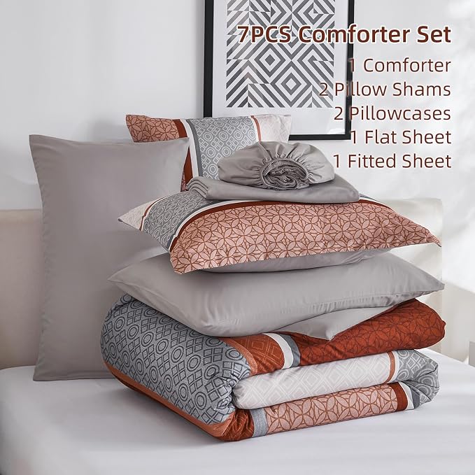 WONGS BEDDING 7 Pieces Comforter Set Queen Size, Burnt Orange Striped Bed in a - Image 7