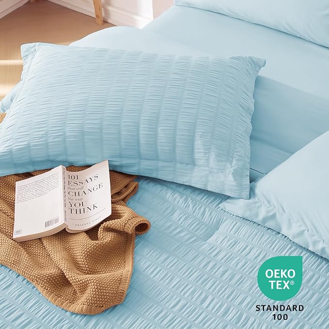 MUXHOMO 7 Pieces Queen Comforter Set, Seersucker Bed in a Bag Queen Size - Image 9