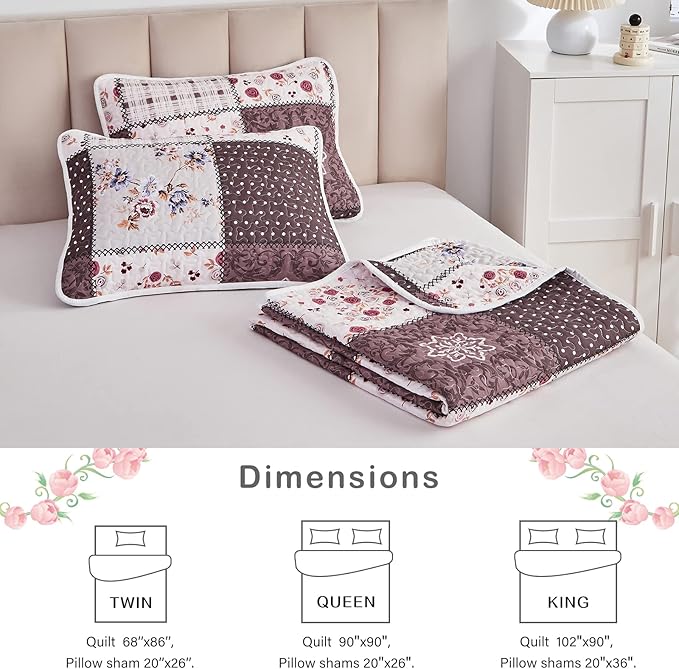 Patchwork Quilt Set King Size, 3 Pieces Brown Floral Plaid Summer Bedspread - Image 7