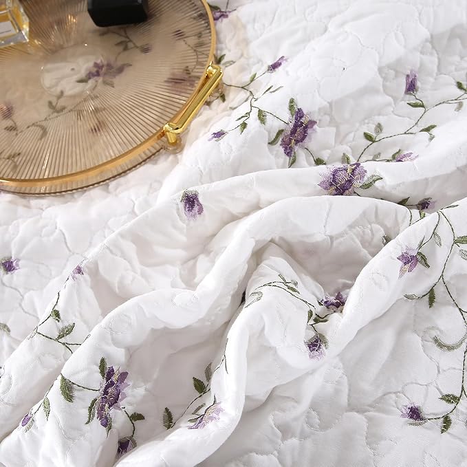 Quilt Set Purple Floral 3D Embroidery Pattern 3 PCS 100% Cotton Reversible - Image 6