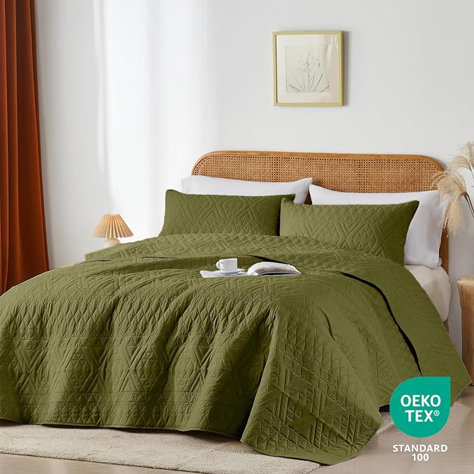 akkialla King/Cal King Size Quilt Bedding Set, Olive Green Lightweight - Image 2
