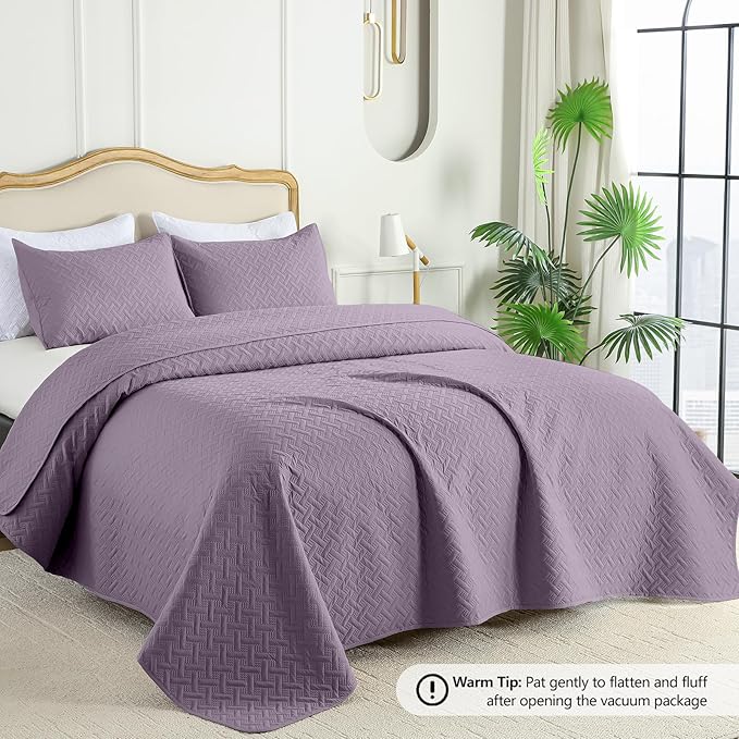 FLYMME Quilts King Size, Lightweight Grayish Purple Bedspreads, Basket Weave - Image 2