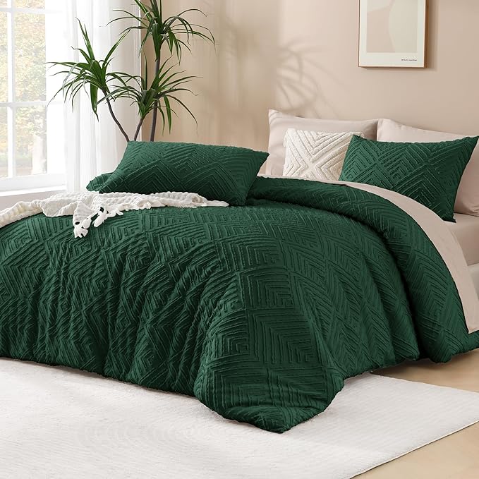Andency Dark Emerald Green California King Comforter Set, 3 Pieces Boho Tufted by Andency
